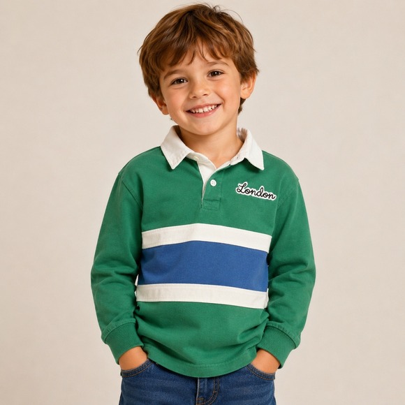 Zara Other - Zara Boys Rugby Polo Shirt Size 5 110 Green Stripe London Embroidered Preppy